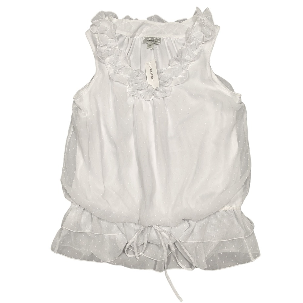 dressbarn Sleeveless Blouse Womens XL Ruffle Swiss Dot White Peplum Top New